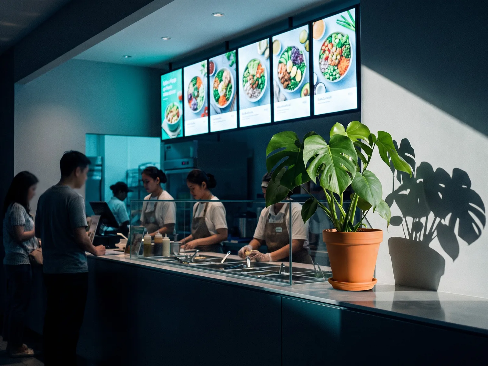 เคาน์เตอร์ร้านอาหารบริการด่วนพร้อมจอเมนูดิจิทัล