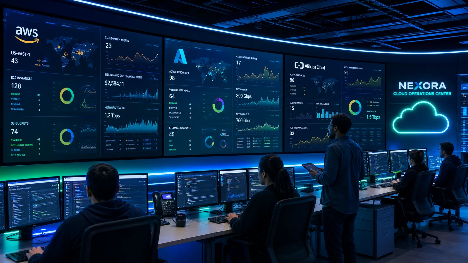 Cloud dashboards on an operations wall